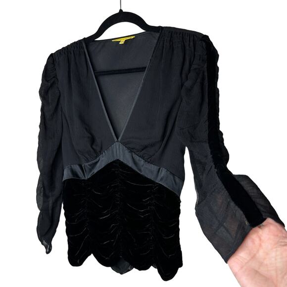 Catherine Malandrino Black Deep-V Gauze Satin Velvet Ruched 3/4 Sleeve Blouse S - Picture 3 of 12